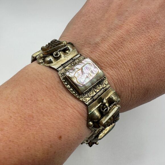 Vintage stamped Alpaca Mexico abalone shell bracelet!! - Picture 5 of 16